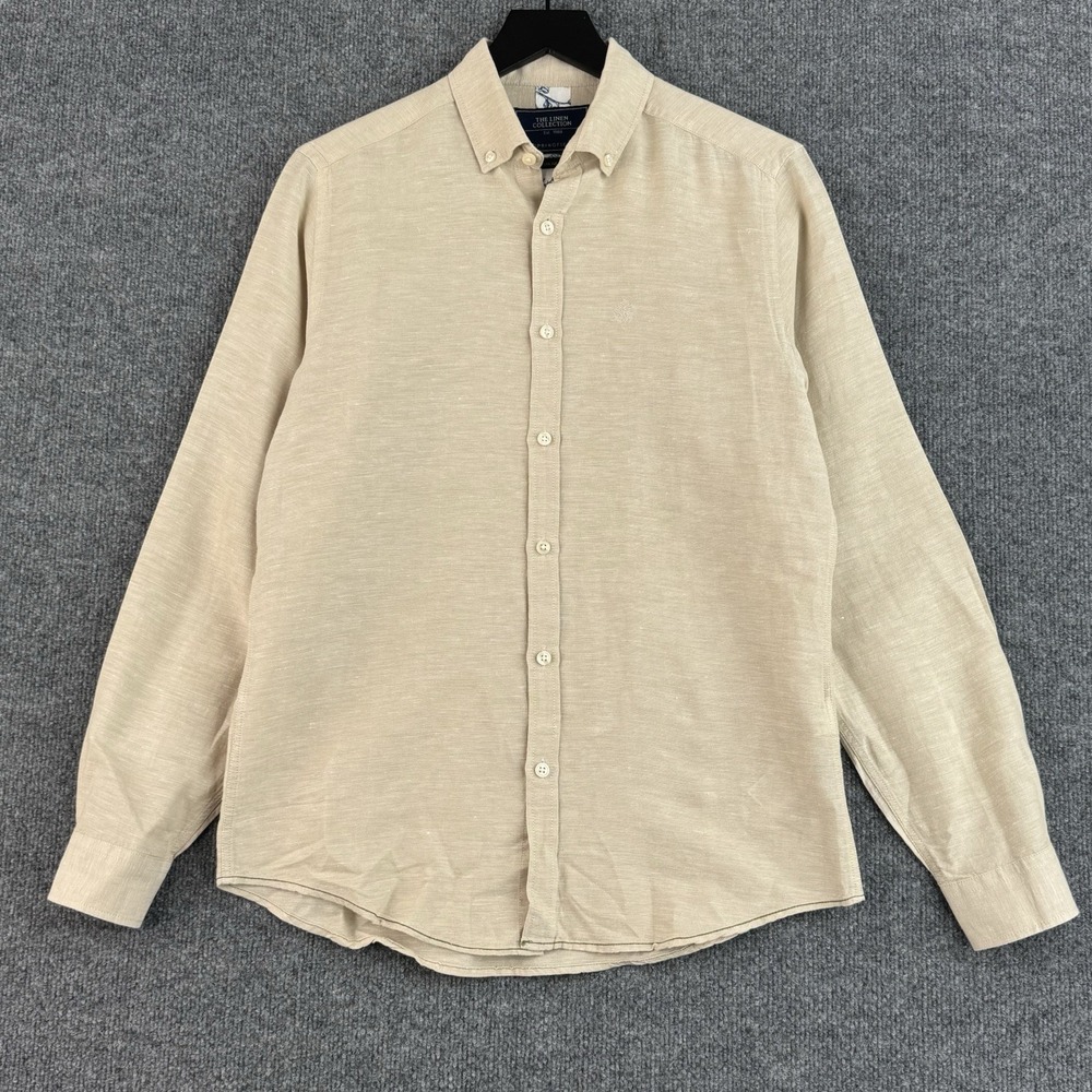 Springfield Linen Button Down Shirt Mens S Beige Regular Fit Travel Long Sleeve